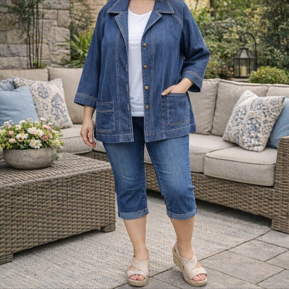 Vintage Lady Graff 1970s Denim Look Jacket Blue Polyester Women's L